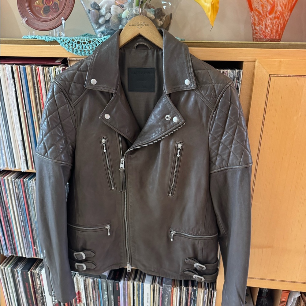 PRICE DROP:AllSaints MEN’S NWT GRAY, LINED,Quilted LAMBSKIN LEATHER Biker JKT,M